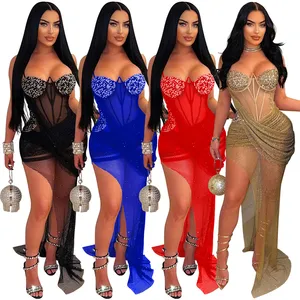 2024 femmes sexy maille pure cher strass perlé cristal gros seins sans manches voir à travers serré robe de soirée pour les femmes