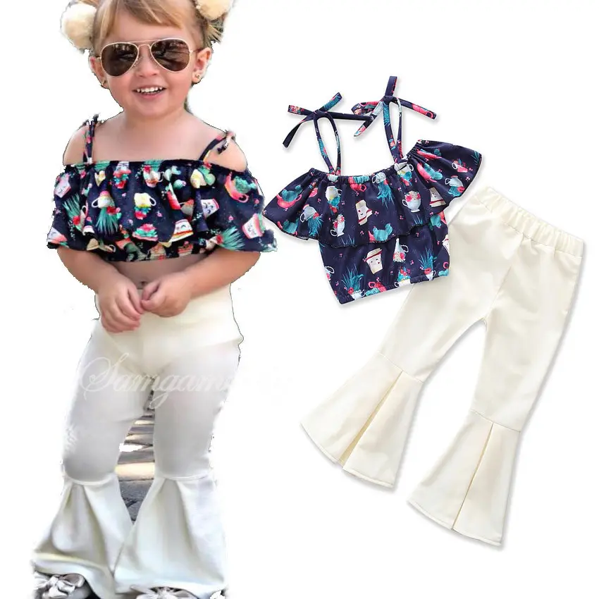 Модная летняя детская одежда для девочек, наряды, короткий топ для малышей, штаны с колокольчиками, комплекты детской одежды, комплект детской одежды для девочек