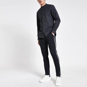 Siqin OEM Manufacturer Latest Designs <strong>Men</strong> Navy Pinstripe <strong>Grandad</strong> Collar Slim Fit Long Sleeve Cotton <strong>Shirt</strong> - Product Image 3