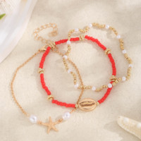 Ensemble de 3 bracelets de cheville en or avec perles, breloques coquillages et chaîne étoile de mer – Bijoux de plage estivaux, cadeau pour femme