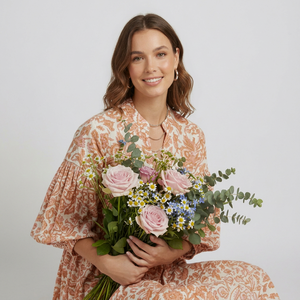 Robe midi bohème en coton à imprimé floral orange avec manches bouffantes, coupe ample, col noué, robe d'été pour femmes - Product Image 1