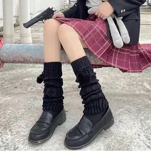Calcetines hasta la rodilla con bola de lana de ganchillo para mujer, calentador de piernas de punto suelto, estilo japonés Kawaii