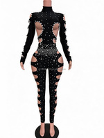Pantalon une pièce moulant et sexy en maille diamantée Zhujie avec fente haute pour défilés, boîtes de nuit, bars et costumes de scène