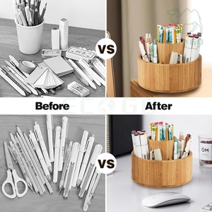 Bamboo Wood 360° Rotating Desktop Divider Office Storage Organizer Round Double-Layer Pen Holder with Non-slip Mat - Product Image 5