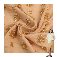 Tissu en maille de coton à petites fleurs brodées de perles, résistant, pour sac, robe, peignoir, manteau