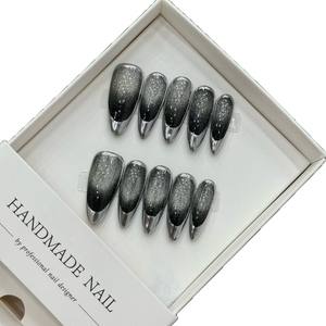 Personalizado Etiqueta Privada corto brillo negro plata falso cubierta completa 3D diamantes estrella fresco usable Punta de <span class=keywords><strong>uñas</strong></span> hecho a mano prensa en las <span class=keywords><strong>uñas</strong></span> - Product Image 6