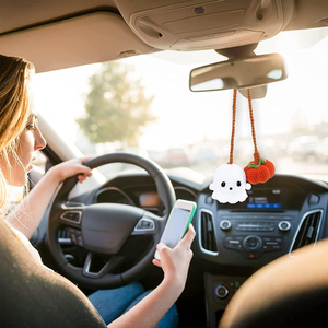 Crochet xe gương treo phụ kiện Halloween bí ngô và ma Phụ Kiện Xe Hơi handmade đan phụ kiện gương chiếu hậu - Product Image 2