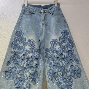 Pantalon long en <span class=keywords><strong>jean</strong></span> taille haute à jambe <span class=keywords><strong>large</strong></span> et droite <span class=keywords><strong>pour</strong></span> <span class=keywords><strong>femme</strong></span>, orné de strass taille <span class=keywords><strong>ronde</strong></span>, design tendance 2026 - Product Image 3