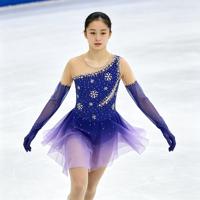 Robe de patinage artistique bleu violet avec strass, manches longues en maille, jupe irrégulière pour enfants et adultes, compétition et performance