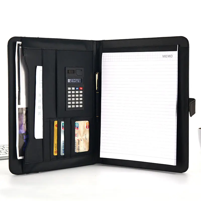 XinyiArt A4สีดำพรีเมี่ยมหนัง PU ผู้หญิง Padfolio ธุรกิจโฟลเดอร์ผลงานที่มีแผ่นทางกฎหมายและเครื่องคิดเลขสำหรับการสัมภาษณ์