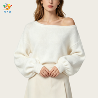AJB Pull en laine tricoté sur mesure pour femme, décontracté, oversize, col asymétrique, manches lanternes, vente en gros