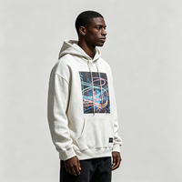 Sweat à capuche oversize ivoire Kornit DTG avec imprimé Neon City Light Trail, style Cyber Urbain Street