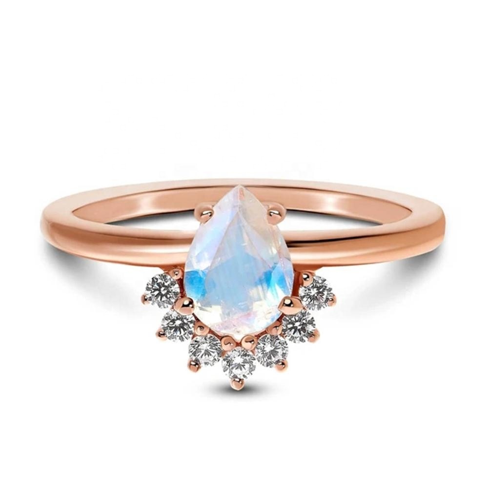 14kt oro rosa joyería de la piedra lunar con diamante corte Pera, anillo de piedra