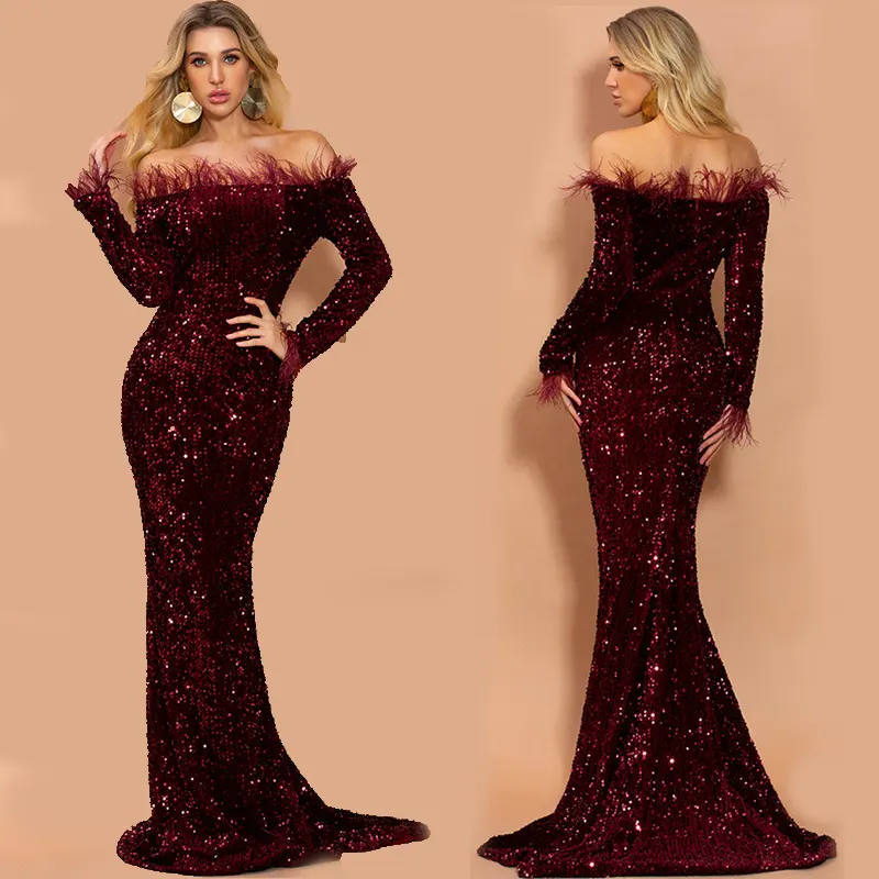 Womens Sexy Off Shoulder Feather Long Sleeve Mermaid Dresses Gown Long Luxury Sequin Party Evening Dress