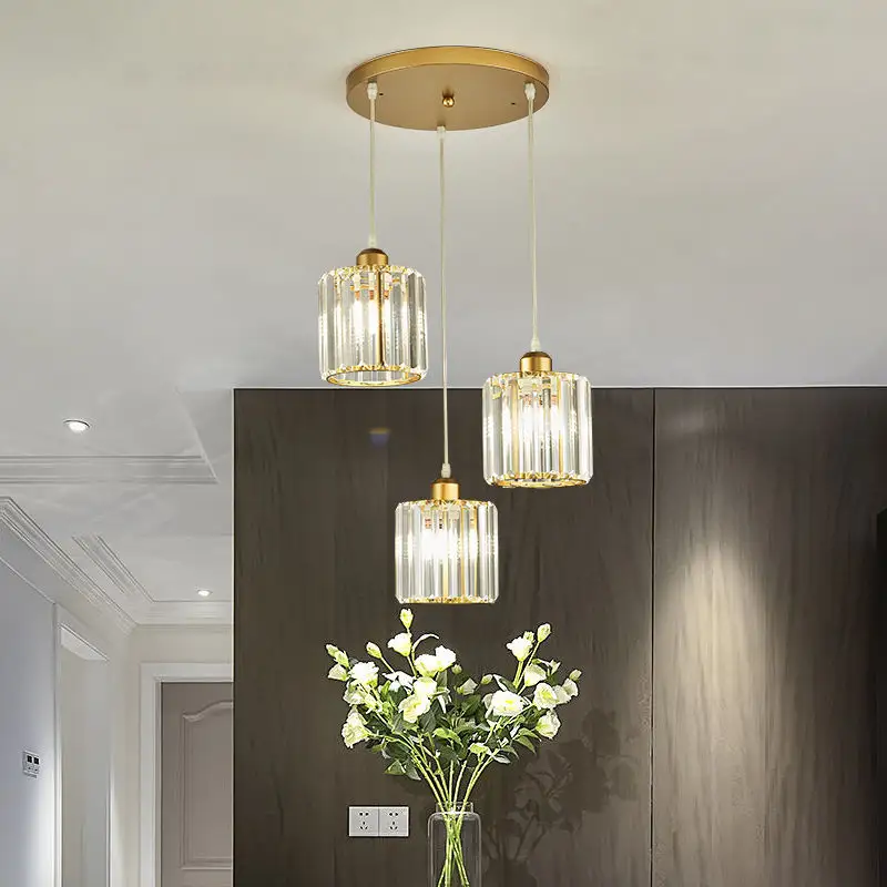 Home Decoration Living Dining Room Hanging Lamp Luxury Gold Color 3 head Round Square Glass Crystal Chandelier Pendant Light
