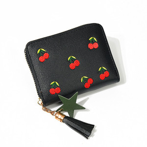 Cherry Embroidery <b>Wallet</b> Pink Women's <b>Small</b> Zipper <b>Wallet</b> With Tassel Star Charm Handmade Fashion Accessory - Product Image 5