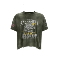 T-shirt Vert Olive Épais Effet Vintage avec Logos Imprimés DTG et Trous Usés, T-shirt Streetwear Délavé au Soleil 2026