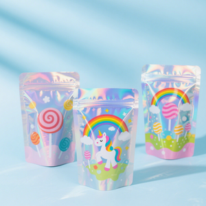 Impression numérique Preuve d'odeur Stand up Pochette à fermeture éclair Feuille d'aluminium de qualité alimentaire Bonbons holographiques Mylar Sacs à fermeture éclair - Product Image 2