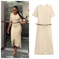 Robe mi-longue d'été pour femmes à manches courtes avec ceinture