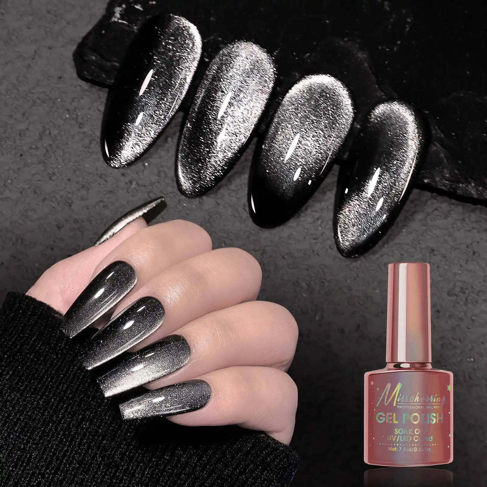 Vernis à ongles gel oeil de chat en cristal noir extrême paillettes style fée sombre