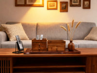 Organisateur de bureau en bambou carbonisé avec plateau ouvert, boîte de rangement pour maquillage, idéal pour la maison, le bureau, la coiffeuse, la chambre à coucher