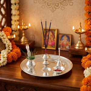 Ensemble de Thali Pooja en acier inoxydable de qualité supérieure pour les rituels traditionnels Ensemble de Thali Pooja en acier inoxydable décoratif parfait pour le culte - Product Image 5