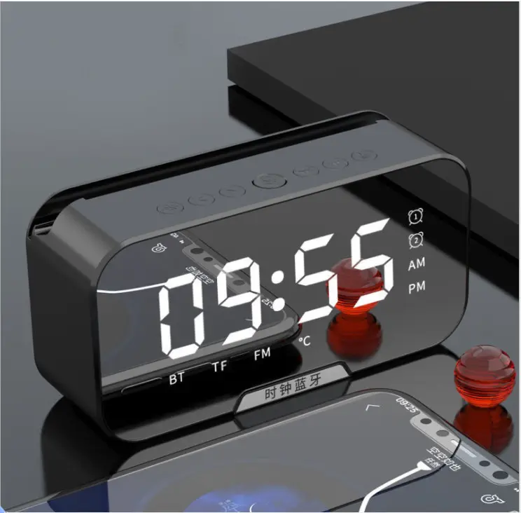 다기능 기술 가제트 FM 라디오 TF 메모리 슬롯 미러 디지털 시계 책상 무선 bt 시계 블루투스 스피커