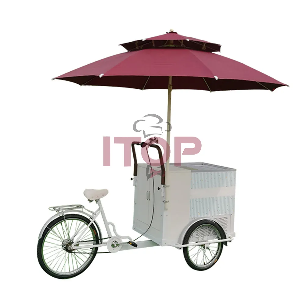 Itop carrello per alimentes 3 roda triciclo sorvete bicicleta rua sorvete móvel carrinho para venda com guarda-chuva