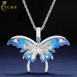 Mode émail plaqué bleu papillon pendentif 2024 nouveau Style 925 argent Sterling VVS Moissanite diamant glacé Hip Hop bijoux