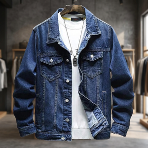 Veste en jean bleu décontractée pour homme, manches longues, col rabattu, boutonnée - Product Image 2