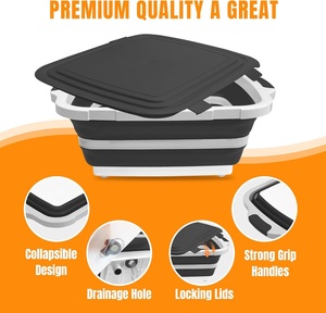 Planche à découper pliable 8L avec récipient, évier de camping pliable avec passoire, bac de préparation pour barbecue avec couvercle, bassin multifonctionnel - Product Image 2