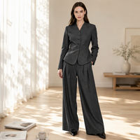 Costume formel deux pièces pour femmes, veste boutonnée à col en V, pantalon large à jambes longues, couleur unie, tenue de bureau