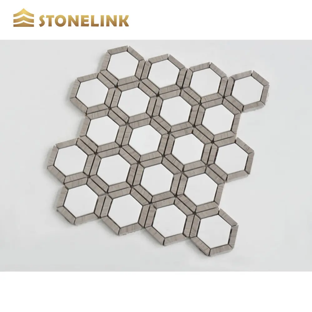 White Stone Waterjet Cararra And Wooden Marble Hexagon Pattern Tiles Mosaic For Floor Tiles