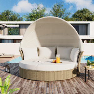 Outdoor Patio Daybed Wicker Rattan Round Sofa with Retractable <b>Canopy</b> 4 Pillows for Garden Lawn - Product Image 1