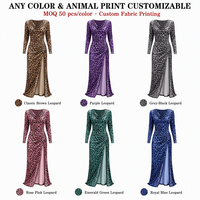 Robe de soirée moulante en velours à imprimé léopard personnalisé pour femme, manches longues, col drapé froncé, fente haute