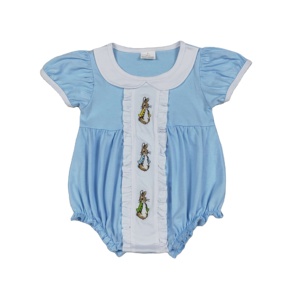 Combinaison pour bébé fille, imprimé lapin de Pâques bleu, manches bouffantes, vente en gros, ensemble enfant - Product Image 1