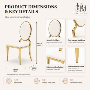 Chaise de banquet ovale de luxe en acier inoxydable doré avec dossier à volutes et coussin blanc pour la location d'événements hôteliers - Product Image 4