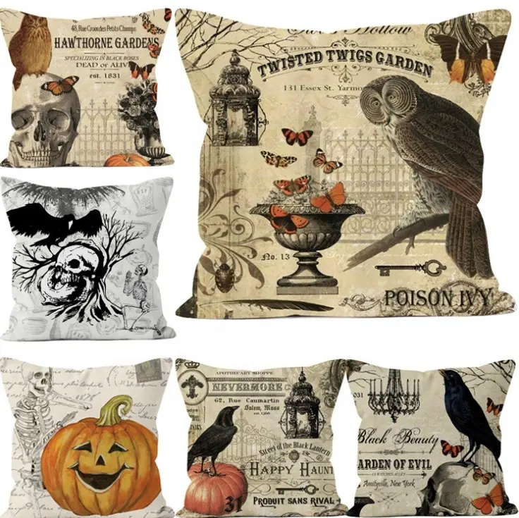 Halloween decoración de Halloween sofá fundas de almohada búho Cuervo de cráneo 3D impreso funda de cojín Vintage Venta caliente periódico. Funda de almohada de lino