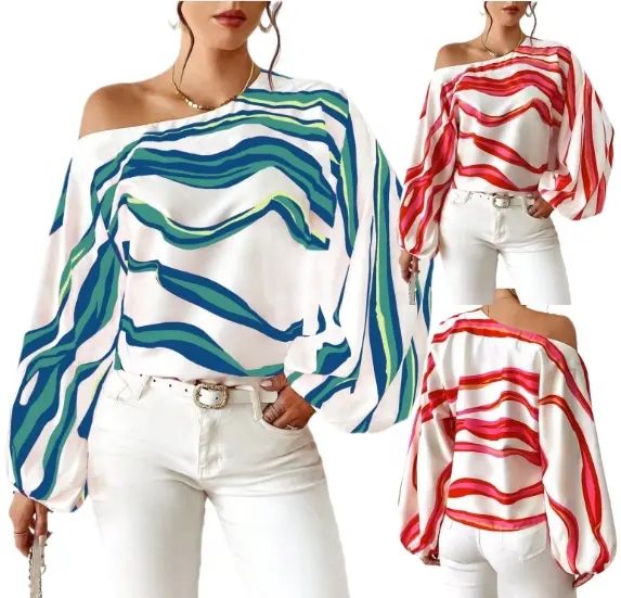 ブティック卸売2024夏長袖レインボーストライプ幾何学的印刷アーバンファッションルーズファッションレディースシャツ