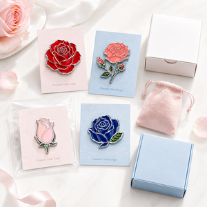Badges de revers en métal personnalisés en émail dur, plaqués argent, motifs Rose rouge, Corail, Bouton de rose rose, Bouton de rose bleu - Product Image 2