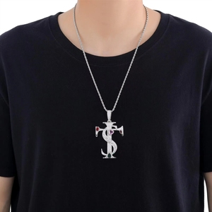 Kalung Liontin Salib Berlapis Emas Kuningan Fashion Bling, Kalung Zirkon Hati Warna-warni Micro-paved, Liontin Rantai Cuban untuk Pria - Product Image 6