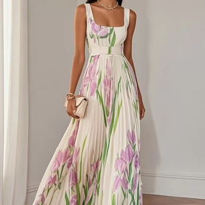Nouvelle arrivée Robe longue plissée à imprimé floral pour femmes, col <span class=keywords><strong>carré</strong></span>, sans manches, ceinture à la taille, <span class=keywords><strong>coupe</strong></span> évasée, robe de soirée formelle - Product Image 1