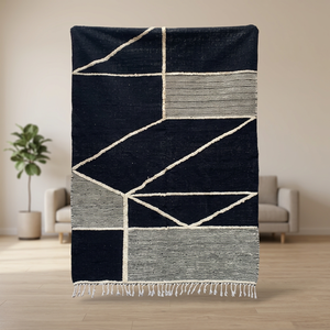 Tapis Beni Ourain marocain fait main, motif original, couleur crème, style bohème, en laine/soie, kilim à poils ras, avec support en nylon, idéal pour pique-nique - Product Image 3