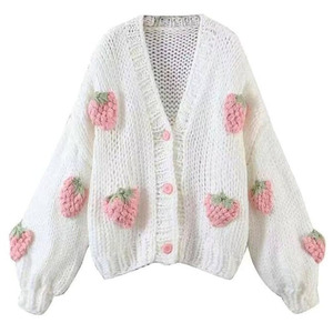 Women's Korean Retro Elegant Cute Coat Sweet <strong>Strawberry</strong> Embroidered Knit Sweater Cardigan <strong>Top</strong> - Product Image 1