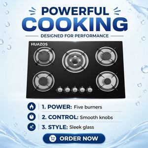 Cuisinière à gaz <span class=keywords><strong>LG</strong></span> Quality HUAZOS 5 brûleurs, plaque de cuisson en verre trempé épaissi et fonte, compatible GPL/GN, allumage électronique - Product Image 1