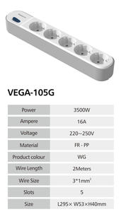 HOT VEGA-105 16A Europe Type 5 Outlets <b>Extension</b> <b>Socket</b> FR-PP Material Safety Shutter Copper Wire Power Strip Factory Supplier - Product Image 6