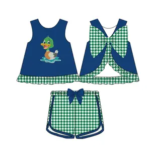 Puresun Custom Kids Clothes Children Clothing Wholesale Big Duck French Knot Cotton Gingham Baby Girl Clothing Set