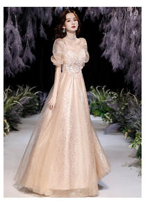 Elegante vierkante hals champagne tule applicaties baljurk formele jurk lange banket avond gala bruidsmeisjesjurken - Product Image 5