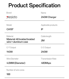 Yesido 2 metros 240W Carga rápida Tipo-<span class=keywords><strong>C</strong></span> <span class=keywords><strong>a</strong></span> Tipo-<span class=keywords><strong>C</strong></span>/<span class=keywords><strong>T</strong></span> 140W Carga magnética para IP Laptop Cable DE DATOS CA197 - Product Image 5