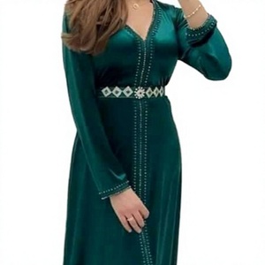 <b>Women</b> Moroccan <b>Kaftan</b> Dress Long Sleeve V Neck Full Length Modest Muslim Robe Beaded Belt Prayer Wear - Product Image 4
